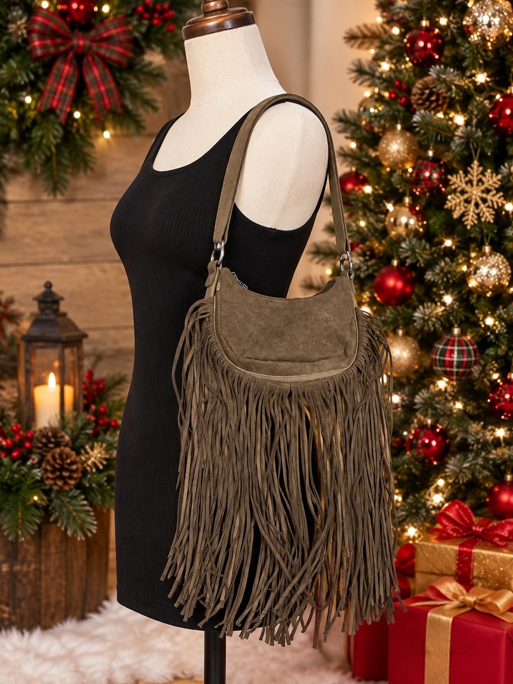 Fringe Suede Shoulder Bag - Olive